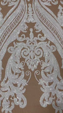 Big Damask Sequins Fabric - White on Dark Nude- 4 Way Stretch Damask Sequins Design Fabric By Yard
