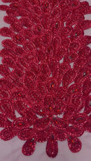 3D Beaded Peacock Feathers - Red - Vegas Design Embroidered Sequins and Beads On a Mesh Lace Fabric (Choose The Panels)