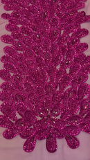 3D Beaded Peacock Feathers - Fuchsia - Vegas Design Embroidered Sequins and Beads On a Mesh Lace Fabric (Choose The Panels)