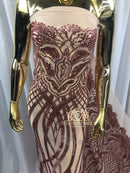 Sample 4 Way Stretch - Rose Gold - Vines Design Sequins Fabric Embroidered On Mesh