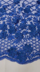 3D Floral Pearl Fabric - Royal Blue - 3D Triangle Flower Design on Mesh By Yard