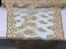 Lace Fabric - Champagne - Corded Flowers Embroidery With Sequins On Mesh Sold By The Yard