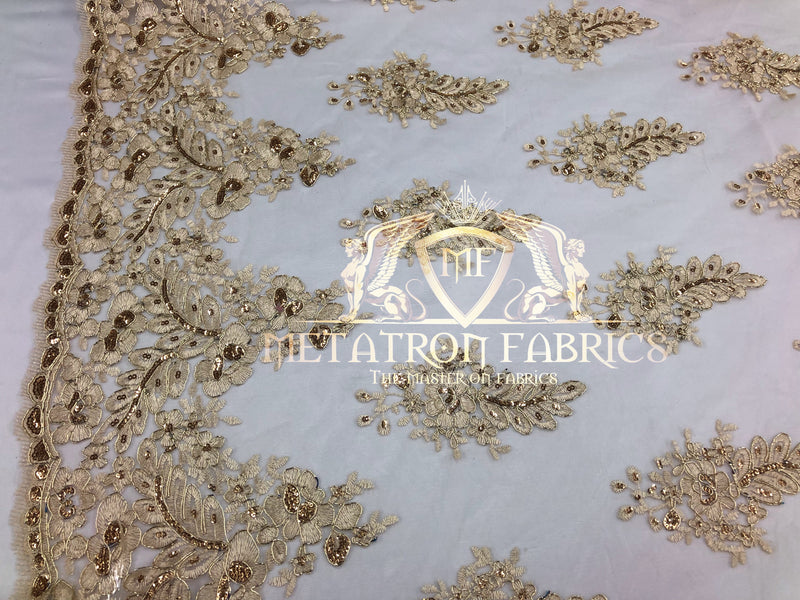 Lace Fabric - Champagne - Corded Flowers Embroidery With Sequins On Mesh Sold By The Yard