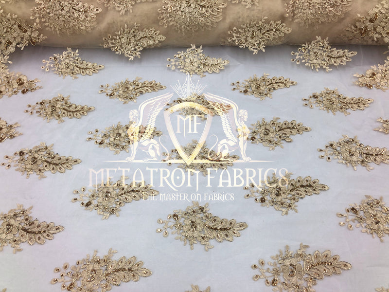 Lace Fabric - Champagne - Corded Flowers Embroidery With Sequins On Mesh Sold By The Yard