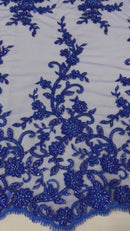 Beaded Floral Cluster - Royal Blue - Fancy Embroidered Glamorous Floral Design Sold by Yard