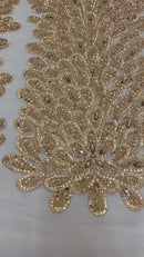 3D Beaded Peacock Feathers - Gold - Vegas Design Embroidered Sequins and Beads On a Mesh Lace Fabric (Choose The Panels)