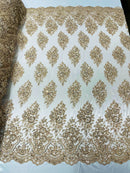 Floral Cluster Bead Fabric - Champagne - Sold By The Yard - Embroidered Flower Beaded Fabric