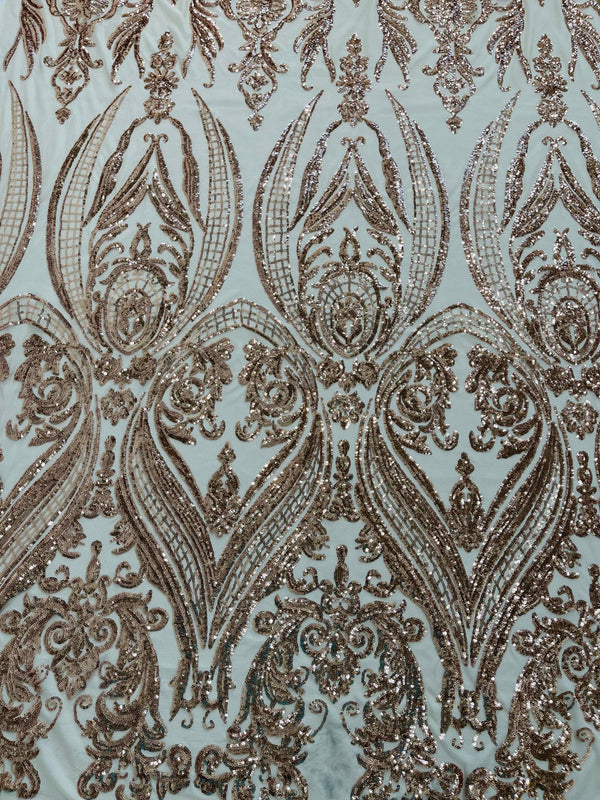 Big Damask Sequins Fabric - Champagne - 4 Way Stretch Damask Sequins Design Fabric By Yard