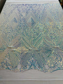 Clear Iridescent Sequins Fabric on White Mesh, GEOMETRIC Design 4 way Stretch By The Yard