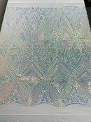 Clear Iridescent Sequins Fabric on White Mesh, GEOMETRIC Design 4 way Stretch By The Yard