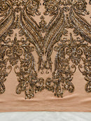 Big Damask Sequins Fabric - Coffee - 4 Way Stretch Damask Sequins Design Fabric By Yard