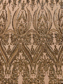 Big Damask Sequins Fabric - Coffee - 4 Way Stretch Damask Sequins Design Fabric By Yard