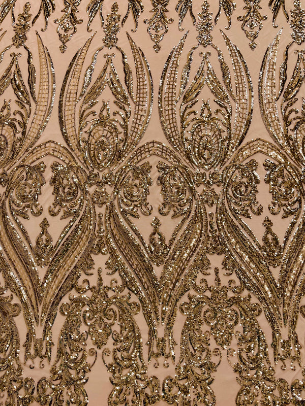 Big Damask Sequins Fabric - Coffee - 4 Way Stretch Damask Sequins Design Fabric By Yard