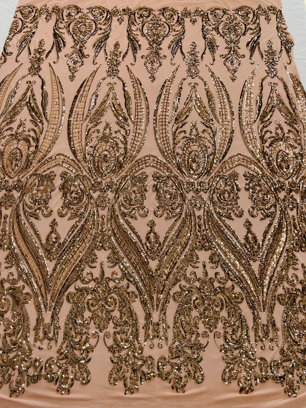 Big Damask Sequins Fabric - Coffee - 4 Way Stretch Damask Sequins Design Fabric By Yard