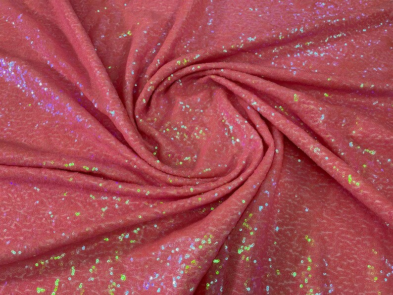 Mini Glitz Sequins - Iridescent Coral -  Stretch Shiny Sequins Mesh Fabric Sold By The Yard