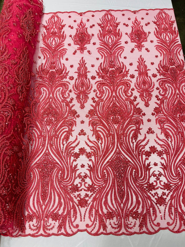 Luxury Bead Design - Coral - Floral Fabric Embroidered w/ Pearls-Beads on Mesh Lace By Yard