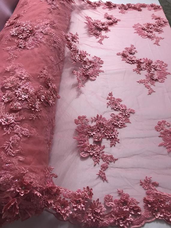 Floral - Coral Pink  - 3D Beaded Embroidery Fabric with Rhinestones - Beautiful Design by The Yard