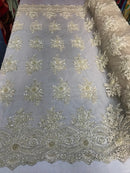 Beaded - Cream - Embroidered Floral Design Fancy Sequins Fabric with Beads Sold By The Yard