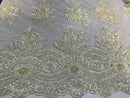 Beaded - Cream - Embroidered Floral Design Fancy Sequins Fabric with Beads Sold By The Yard