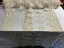 Beaded - Cream - Embroidered Floral Design Fancy Sequins Fabric with Beads Sold By The Yard