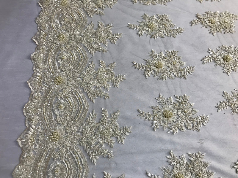 Beaded - Cream - Embroidered Floral Design Fancy Sequins Fabric with Beads Sold By The Yard