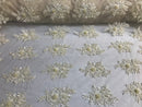 Beaded - Cream - Embroidered Floral Design Fancy Sequins Fabric with Beads Sold By The Yard