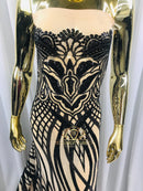 4 Way Stretch - Black - Vines Design Sequins Fabric Embroidered On Mesh Sold By The Yard