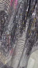 Fringe Sequins Fabric - Gray Silver - 2 Way Stretch Glamorous Fringe Design on Mesh By Yard