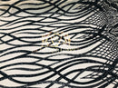 4 Way Stretch - Black - Vines Design Sequins Fabric Embroidered On Mesh Sold By The Yard