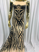 4 Way Stretch - Black - Vines Design Sequins Fabric Embroidered On Mesh Sold By The Yard