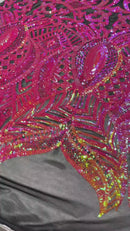 Orange/Fuchsia Iridescent - 4 Way Stretch Embroidered Royalty Sequins Design Fabric By Yard