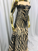 4 Way Stretch - Black - Vines Design Sequins Fabric Embroidered On Mesh Sold By The Yard