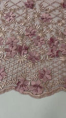 3D Floral Pearl Fabric - Dusty Rose - 3D Triangle Flower Design on Mesh By Yard