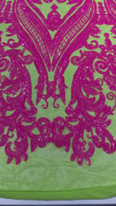 Big Damask Sequins Fabric - Hot Pink on Lime Green - 4 Way Stretch Damask Sequins Design Fabric By Yard