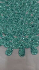 3D Beaded Peacock Feathers - Mint - Vegas Design Embroidered Sequins and Beads On a Mesh Lace Fabric (Choose The Panels)
