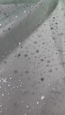 Foil Star Organza - Silver On Mint - 60" Sheer Silver Star Organza Fabric Sold By Yard