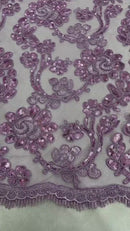Corded Sequins Flower Lace - Lilac - Corded Floral Lace With Sequins Sold By Yard