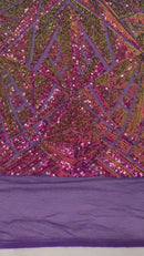 Geometric Fabric - Purple Iridescent - Geometric Sequins Pattern Design 4 Way Stretch Sold By Yard