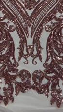 Big Damask Sequins Fabric - Rose Gold - 4 Way Stretch Damask Sequins Design Fabric By Yard