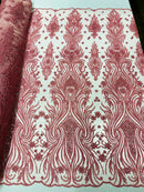 Luxury Bead Design - Dusty Rose - Floral Fabric Embroidered w/ Pearls-Beads on Mesh Lace By Yard