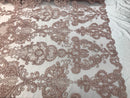 Floral - Pink - Embroided Lace Fabric Damask Pattern - Beautiful Fabrics Sold by The Yard