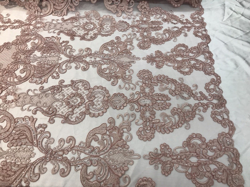 Floral - Pink - Embroided Lace Fabric Damask Pattern - Beautiful Fabrics Sold by The Yard
