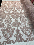 Floral - Dusty Rose - Embroided Lace Fabric Damask Pattern - Beautiful Fabrics Sold by The Yard