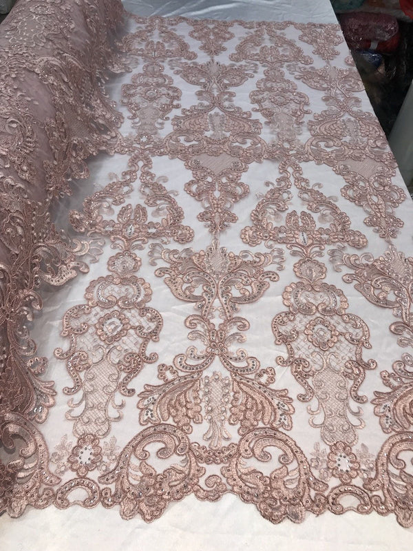 Floral - Dusty Rose - Embroided Lace Fabric Damask Pattern - Beautiful Fabrics Sold by The Yard