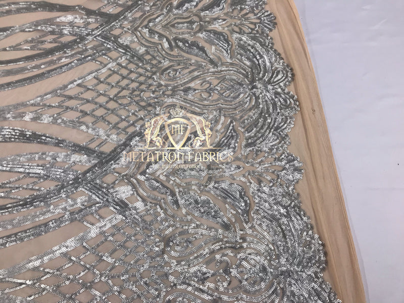 4 Way Stretch - Silver - Vines Design Sequins Fabric Embroidered On Nude Mesh Sold By The Yard