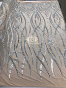 4 Way Stretch - Silver - Vines Design Sequins Fabric Embroidered On Nude Mesh Sold By The Yard