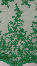 Beaded Floral Cluster - Emerald Green - Fancy Embroidered Glamorous Floral Design Sold by Yard