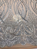 4 Way Stretch - Silver - Vines Design Sequins Fabric Embroidered On Nude Mesh Sold By The Yard