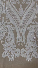 Big Damask Sequins Fabric - White on Nude - 4 Way Stretch Damask Sequins Design Fabric By Yard