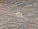 4 Way Stretch - Silver - Vines Design Sequins Fabric Embroidered On Nude Mesh Sold By The Yard
